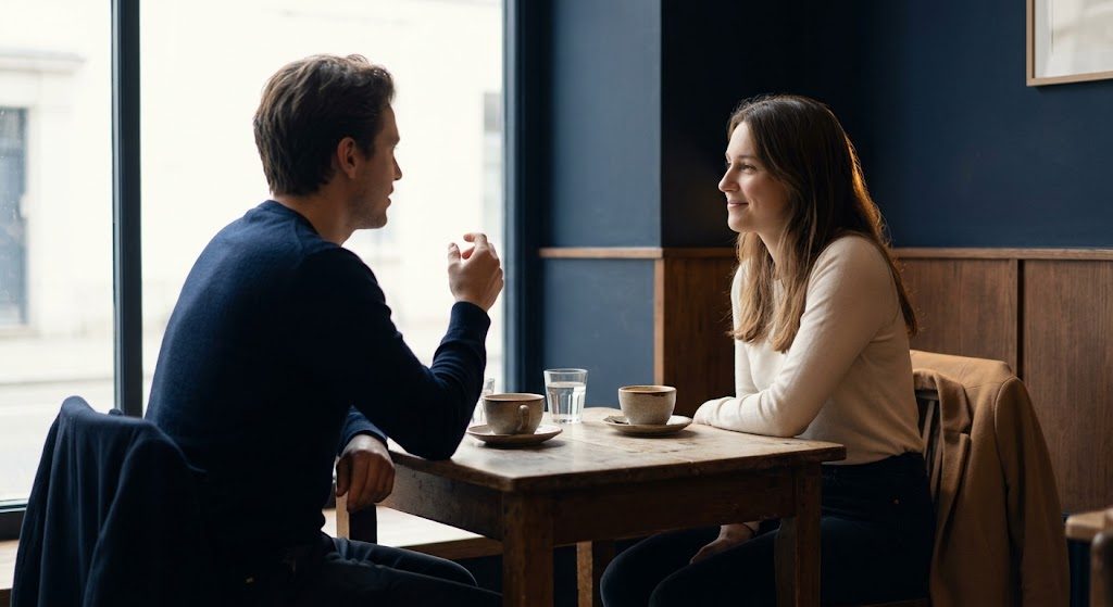 Twee mensen in een rustig gesprek aan een cafétafel, zonder telefoon of scherm in beeld.