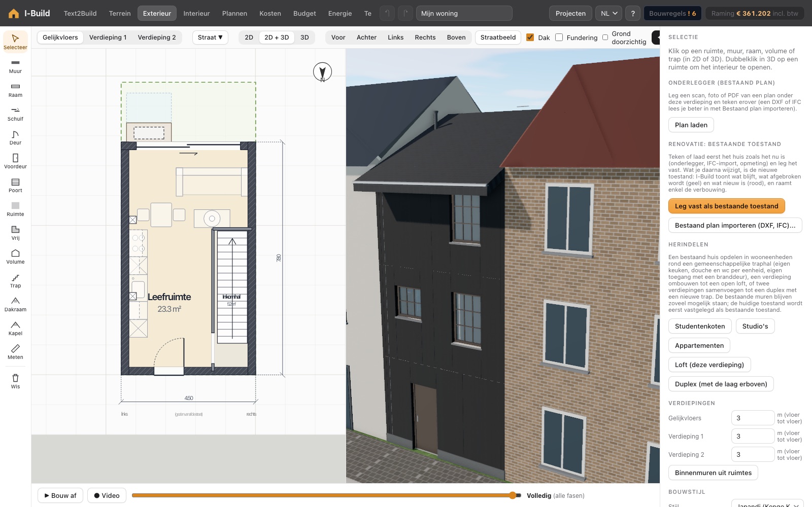 Het ontwerpscherm van I-Build: links het grondplan van de gelijkvloerse verdieping met maten, rechts dezelfde woning in 3D vanaf de straat.