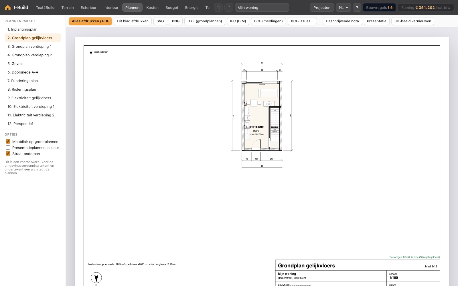 Het plannenpakket van I-Build: een grondplan op A3 met maatketens en een titelhoek, naast een lijst van twaalf bladen, van inplantingsplan tot perspectief.
