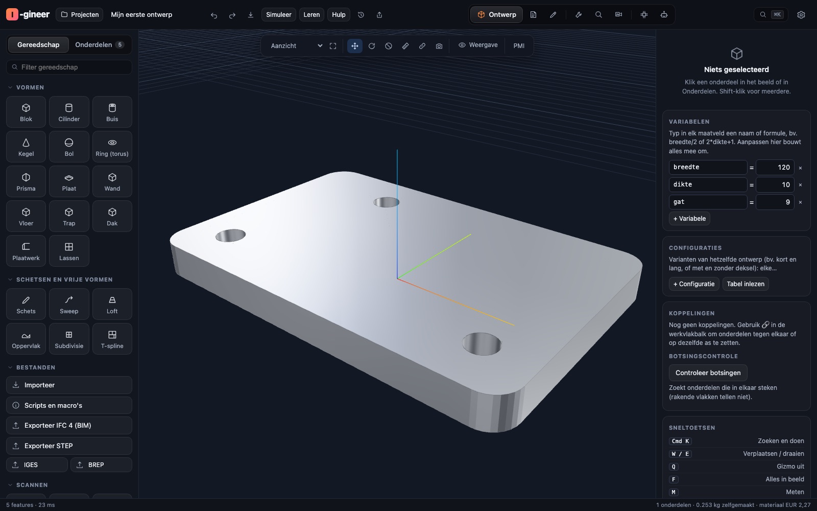 Het ontwerpscherm van I-gineer: een montageplaat in 3D, met links het gereedschap en rechts de variabelen van het model.