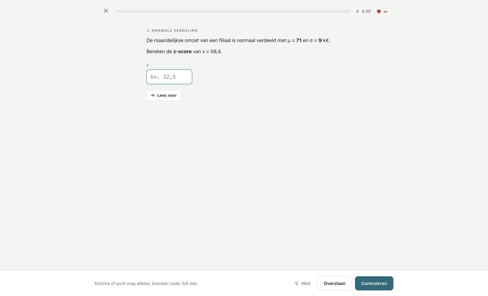 A lesson in MATHI on the normal distribution, with the exercise, a hint and the Check button.
