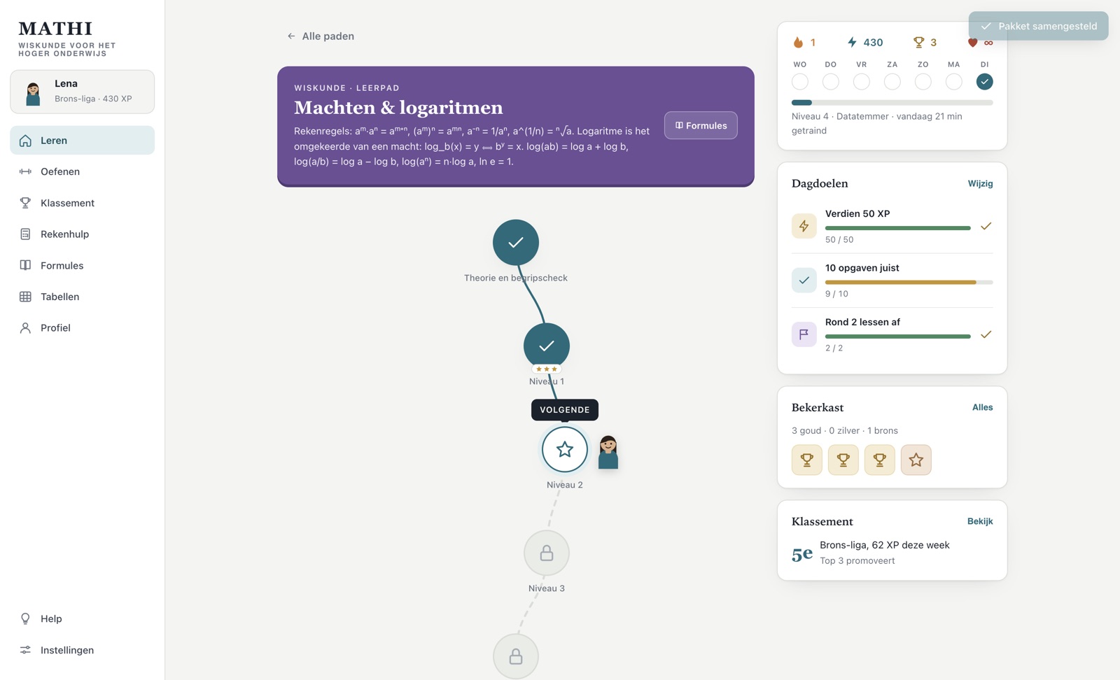 A learning path in MATHI: theory, three levels and a legendary level, with the user's figure at the next node.