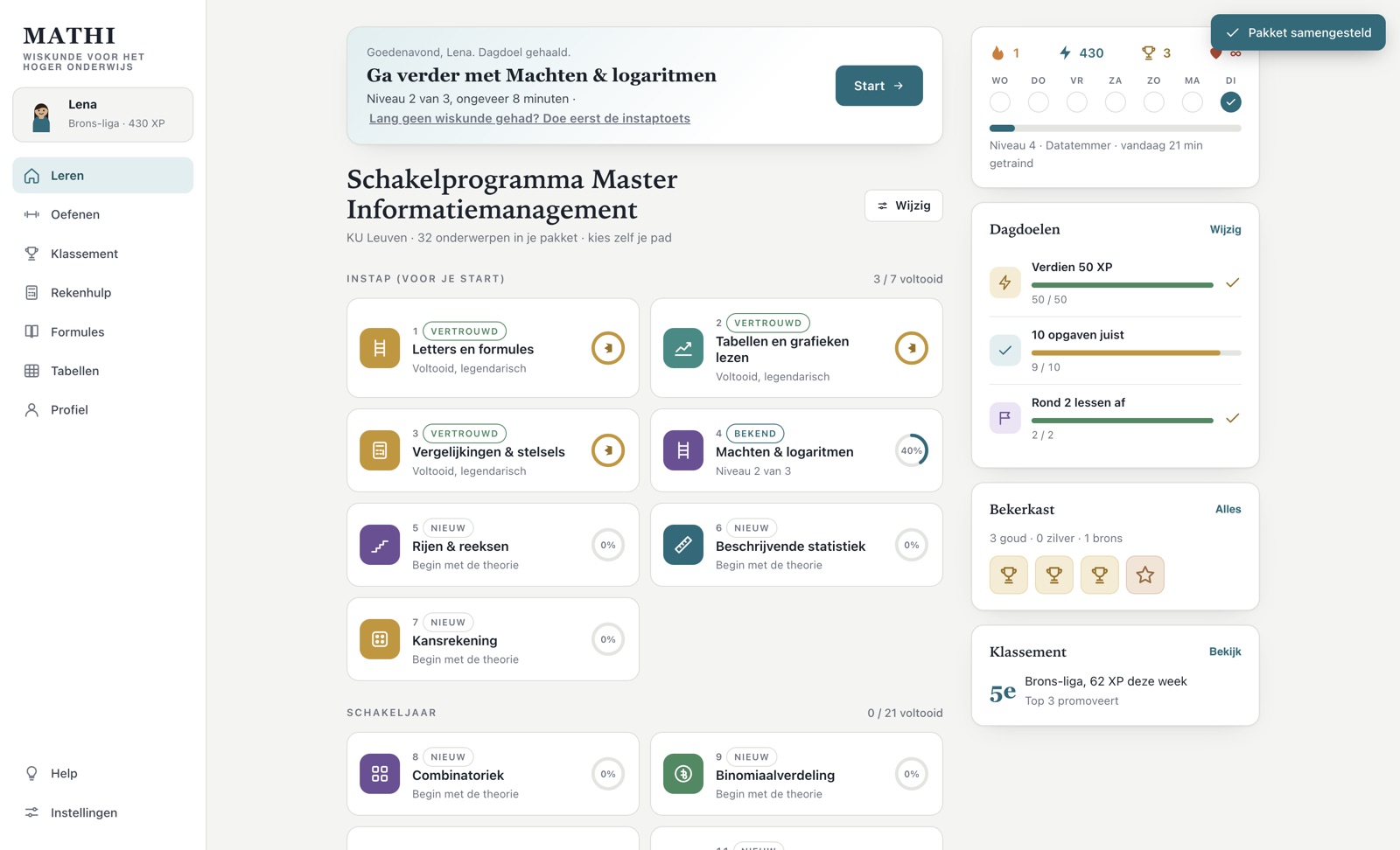 The learning screen of MATHI: a package for the bridging programme in Information Management with learning paths per phase and a card pointing to the next step.