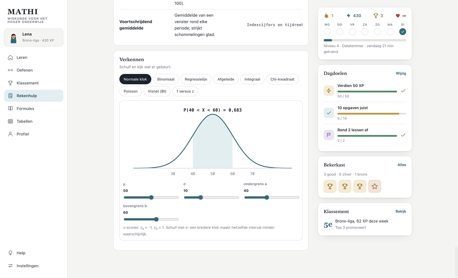 The calculator of MATHI with an interactive explorer of the normal distribution.