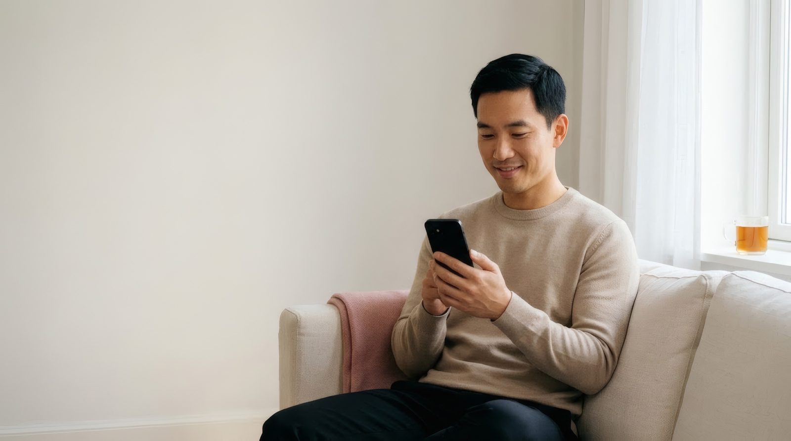 Iemand bekijkt YILLO op zijn telefoon, ontspannen thuis op de bank.